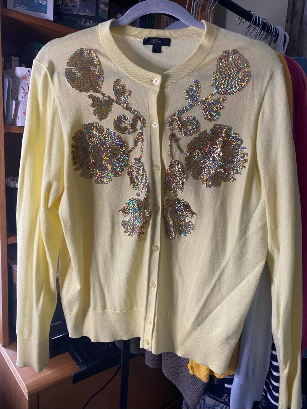 J. Crew Pale Yellow Sequin Floral Cardigan